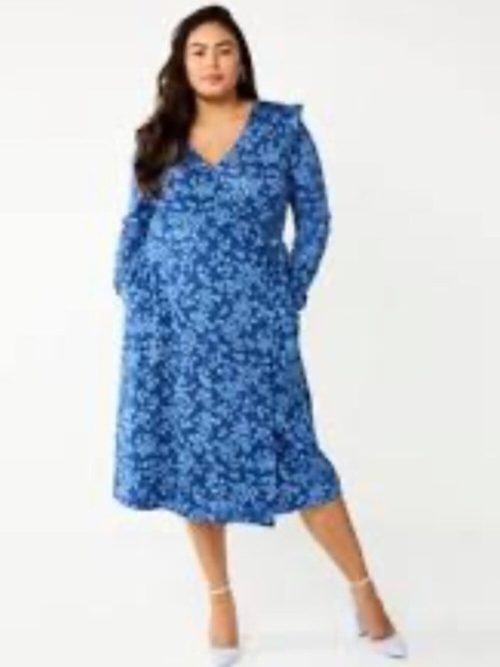 Draper James Blue White Floral Wrap Midi Dress Long Sleeve Ruffle Plus 1X New